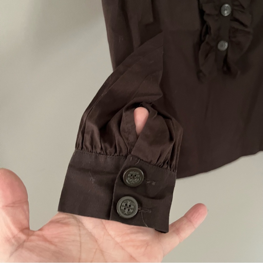 TORY BURCH Coco Brown Ruffle Front Button Up Long Sleeve Dress Shirt Size 4 - Picture 4 of 11